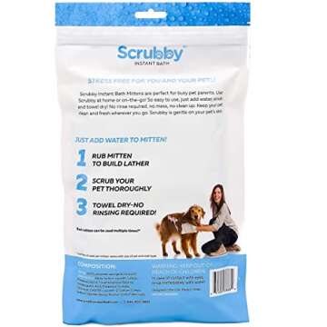 Scrubby Pet No Rinse Pet Wipes, Rinse Free Shampoo Mittens for Dogs and Cats, Bath Wipes for Bathing and Washing Pets, Hypoallergenic No Rinse Wash Mitt for Grooming, Lather Wipe Dry - 10 Pack
