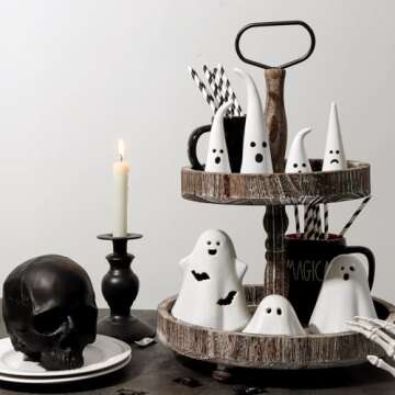 Halloween Decor Ceramic Ghost Figurine: 4 pcs Cute White Ghosts Halloween Decorations, Small Ghost Statue with Pointy Tops, Spooky Farmhouse Table Tiered Tray Fireplace Halloween Decor for Kids Home