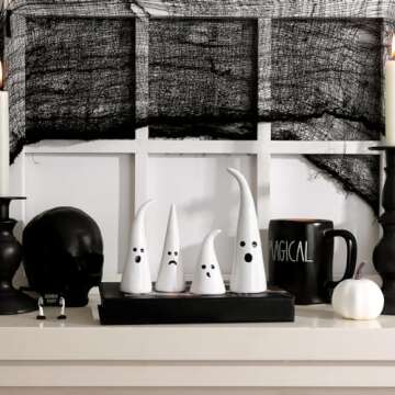 Halloween Decor Ceramic Ghost Figurine: 4 pcs Cute White Ghosts Halloween Decorations, Small Ghost Statue with Pointy Tops, Spooky Farmhouse Table Tiered Tray Fireplace Halloween Decor for Kids Home