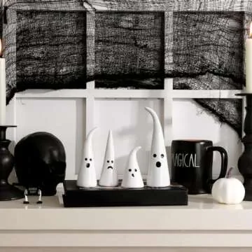 Halloween Decor Ceramic Ghost Figurine: 4 pcs Cute White Ghosts Halloween Decorations, Small Ghost Statue with Pointy Tops, Spooky Farmhouse Table Tiered Tray Fireplace Halloween Decor for Kids Home