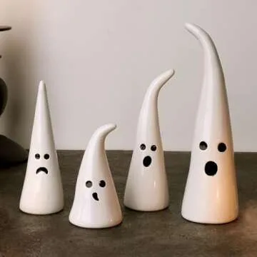 Halloween Decor Ceramic Ghost Figurine: 4 pcs Cute White Ghosts Halloween Decorations, Small Ghost Statue with Pointy Tops, Spooky Farmhouse Table Tiered Tray Fireplace Halloween Decor for Kids Home
