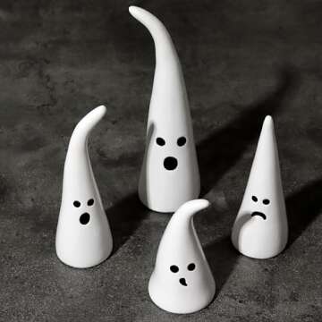Halloween Decor Ceramic Ghost Figurine: 4 pcs Cute White Ghosts Halloween Decorations, Small Ghost Statue with Pointy Tops, Spooky Farmhouse Table Tiered Tray Fireplace Halloween Decor for Kids Home
