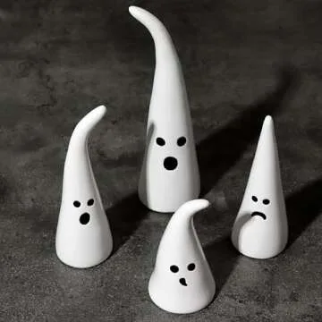 Halloween Decor Ceramic Ghost Figurine: 4 pcs Cute White Ghosts Halloween Decorations, Small Ghost Statue with Pointy Tops, Spooky Farmhouse Table Tiered Tray Fireplace Halloween Decor for Kids Home
