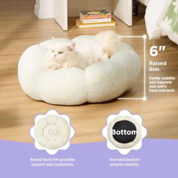 Lesure Calming Cat Beds for Indoor Cats - Cute Flower Pet Beds in Teddy Sherpa Plush, Donut Round Fl...