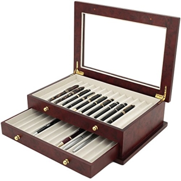 Tech Swiss Pen Box 26 Fountain Pens Writing Instruments Wood Constructed Glass Display Case (Burlwoo...