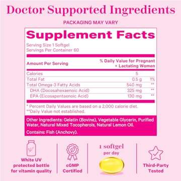 Pink Stork Omega-3 DHA - 540 mg Fish Oil Supplements with DHA and EPA, Prenatal and Postpartum Essentials for Cognitive Health + Fetal Development - 60 Softgels - Packaging May Vary