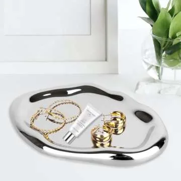 CHENDECOR Silver Tray Decorative Vanity Tray Bathroom Tray Jewelry Dish Ceramic Silver Round Plate Holder Makeup Tray Home Organizers Irregular Storage Plate Bathroom Organizer(Long)