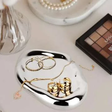 CHENDECOR Silver Tray Decorative Vanity Tray Bathroom Tray Jewelry Dish Ceramic Silver Round Plate Holder Makeup Tray Home Organizers Irregular Storage Plate Bathroom Organizer(Long)