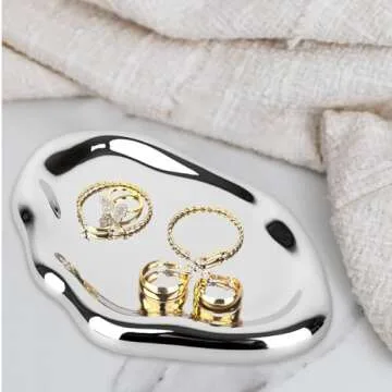 CHENDECOR Silver Tray Decorative Vanity Tray Bathroom Tray Jewelry Dish Ceramic Silver Round Plate Holder Makeup Tray Home Organizers Irregular Storage Plate Bathroom Organizer(Long)