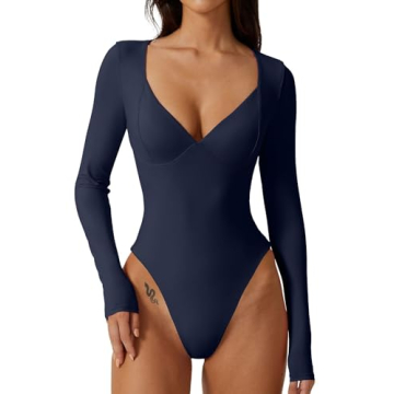 QINSEN V Neck Bodysuit for Women Long Sleeve Stretchy Body Suits Seamed Cup Thong Shirt Tops in Navy...