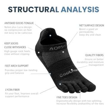 aomagic Five Toe Socks for Running and Hiking in Black