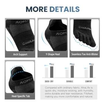 aomagic Five Toe Socks for Running and Hiking in Black