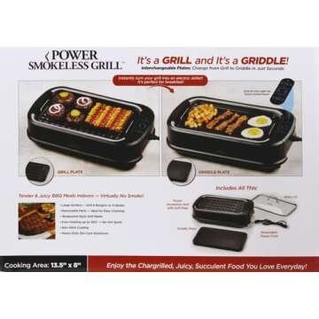Power XL Smokeless Electric Indoor Removable Grill and Griddle Plates, Nonstick Cooking Surfaces, Glass Lid, 1500 Watt, 21X 15.4X 8.1, black