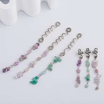 FRDTLUTHW Colored Natural Stone Tassels Hair Jewelry for Braids, Crystal Dreadlock Accessories Hair Charms for Women(Silver, pack of 6)