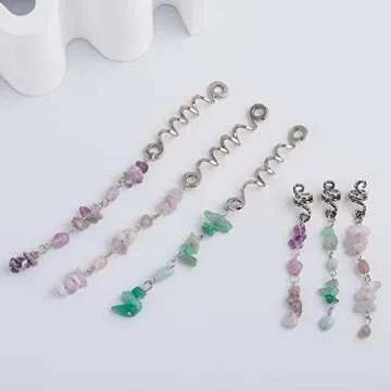 FRDTLUTHW Colored Natural Stone Tassels Hair Jewelry for Braids, Crystal Dreadlock Accessories Hair Charms for Women(Silver, pack of 6)