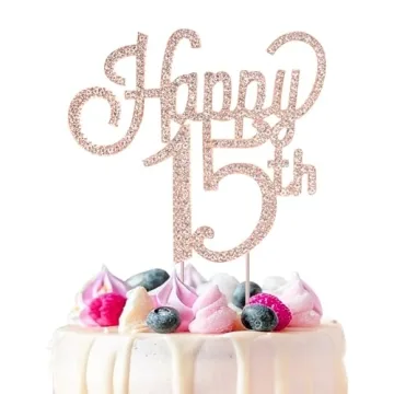 Marwey Happy 15th Birthday Rose Gold Rhinestone Cake Topper for Celebrations