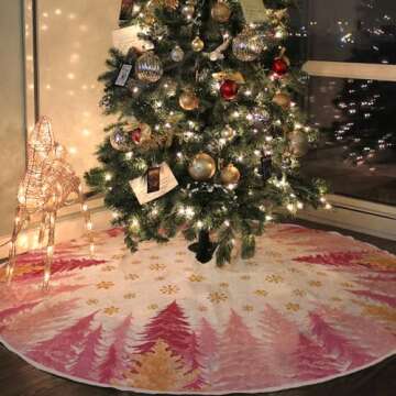 CROWNED BEAUTY Christmas Tree Skirt Collar 48 Inch Pink Xmas Trees Snowflakes Soft Farmhouse Xmas Holiday Decoration (White) TS16