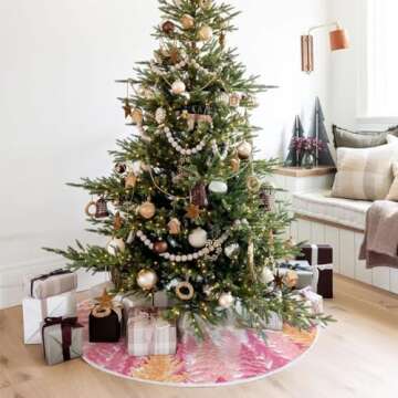 CROWNED BEAUTY Christmas Tree Skirt Collar 48 Inch Pink Xmas Trees Snowflakes Soft Farmhouse Xmas Holiday Decoration (White) TS16