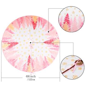 CROWNED BEAUTY Christmas Tree Skirt Collar 48 Inch Pink Xmas Trees Snowflakes Soft Farmhouse Xmas Holiday Decoration (White) TS16