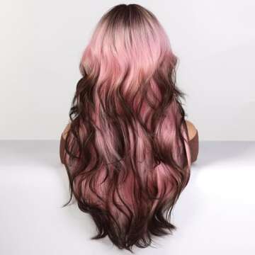topshe Pink Wigs, Synthetic Wig with Bangs for Women Body Wave Wavy Wigs 24 Inch Long Wig Water Wave Brown Ends Hair Wig Ready to Go