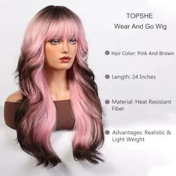 topshe Pink Wigs, Synthetic Wig with Bangs for Women Body Wave Wavy Wigs 24 Inch Long Wig Water Wave Brown Ends Hair Wig Ready to Go