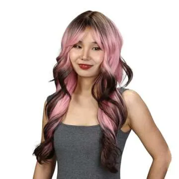 topshe Pink Wigs, Synthetic Wig with Bangs for Women Body Wave Wavy Wigs 24 Inch Long Wig Water Wave Brown Ends Hair Wig Ready to Go