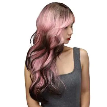 topshe Pink Wigs, Synthetic Wig with Bangs for Women Body Wave Wavy Wigs 24 Inch Long Wig Water Wave Brown Ends Hair Wig Ready to Go