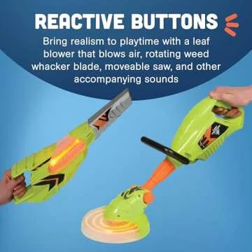 CP Toys 6-Piece Power Gardening Toy Set for Kids Ages 3+, Child Size Indoor/Outdoor Play Kids Tool Set with Leaf Blower, Chainsaw, Lawn Mower, and More, Green