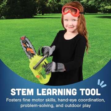 CP Toys 6-Piece Power Gardening Toy Set for Kids Ages 3+, Child Size Indoor/Outdoor Play Kids Tool Set with Leaf Blower, Chainsaw, Lawn Mower, and More, Green