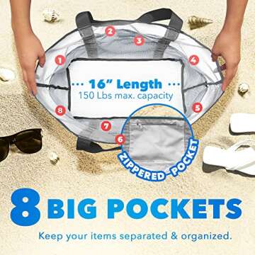 Dejaroo - Sand Free Mesh Bag - Strong Lightweight Tote For Beach & Vacation Essentials. Tons of Storage with 8 Pockets, Foldable, 17x9x15 inches, White with Grey Straps