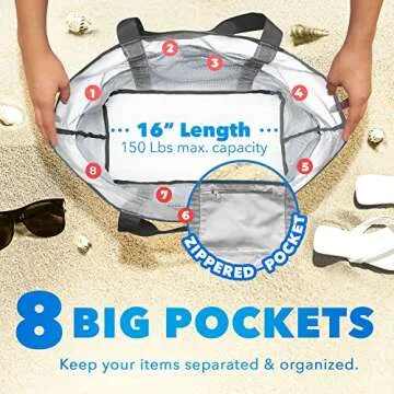 Dejaroo - Sand Free Mesh Bag - Strong Lightweight Tote For Beach & Vacation Essentials. Tons of Storage with 8 Pockets, Foldable, 17x9x15 inches, White with Grey Straps