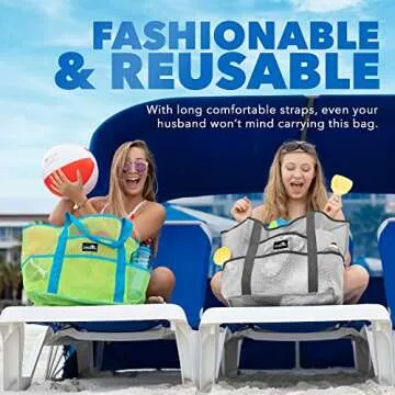Dejaroo - Sand Free Mesh Bag - Strong Lightweight Tote For Beach & Vacation Essentials. Tons of Storage with 8 Pockets, Foldable, 17x9x15 inches, White with Grey Straps