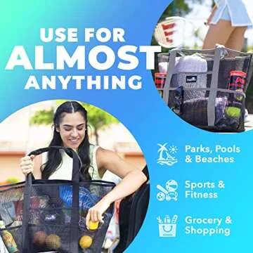 Dejaroo - Sand Free Mesh Bag - Strong Lightweight Tote For Beach & Vacation Essentials. Tons of Storage with 8 Pockets, Foldable, 17x9x15 inches, White with Grey Straps