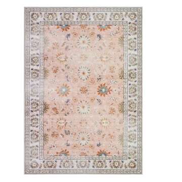 BRICHOEE Vintage Machine Washable Area Rug 5x7 Pink/Multi Low-Pile Indoor Floral Print Carpet Non Sl...
