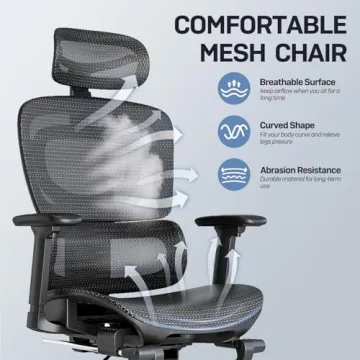 Ergonomic Office Chair, Breathable Mesh Chair with Adaptive Lumbar Support, 3D Headrest, Armrests, Retractable Footrest, and a Six-Position Adjustable Backrest, Office Desk Chair Black