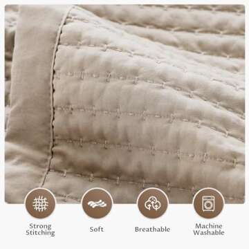 KASENTEX Quilt Mini Set-Stone Washed-Super Soft Bedspread-Light Weight-White Down Alternative Microfiber Fill-Machine Washable-Solid Colors, Full/Queen +2 Shams, Camel