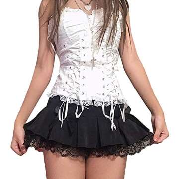 Women Lace Patchwork Mini Pleated Skirts High Waist Lace Up Ruffle Short Skirts Harajuku Goth Skirt(...