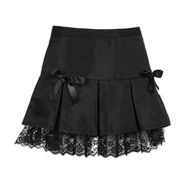Women Lace Patchwork Mini Pleated Skirts High Waist Lace Up Ruffle Short Skirts Harajuku Goth Skirt(P Black,S)