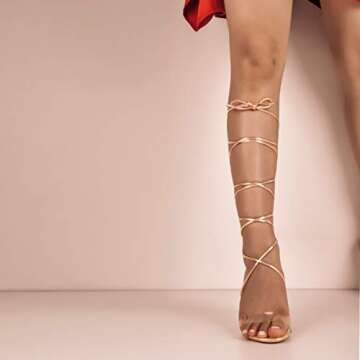 Yolkomo Lace-Up Chunky Heels for Women - Sexy Strappy Gladiator Sandals in Rose Gold, Size 13