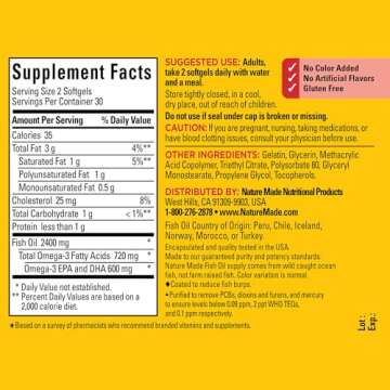 Nature Made Burp Less Fish Oil 1200 mg, Fish Oil Supplements, Omega 3 Fish Oil for Healthy Heart Support, Omega 3 Supplement with 60 Softgels, 30 Day Supply