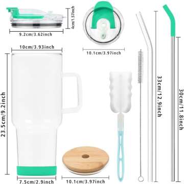 AiHeart Glass Tumbler with Lid and Straws,40oz Glass Cup with Handle,Drinking Glasses with Silicone Coaster,Glass Water Cup,Smoothie Cup,Beer Cup,Ice Coffee Cup,Fits In Cup Holder(Green)