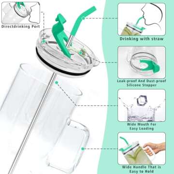 AiHeart Glass Tumbler with Lid and Straws,40oz Glass Cup with Handle,Drinking Glasses with Silicone Coaster,Glass Water Cup,Smoothie Cup,Beer Cup,Ice Coffee Cup,Fits In Cup Holder(Green)