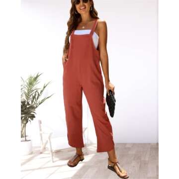Gozoloma Women's Casual Loose Petal Hem Baggy Cotton Linen Overall Jumpsuit Romper Suits Wide Leg Pants(0101-BrickRed -M)