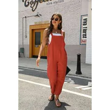 Gozoloma Women's Casual Loose Petal Hem Baggy Cotton Linen Overall Jumpsuit Romper Suits Wide Leg Pants(0101-BrickRed -M)