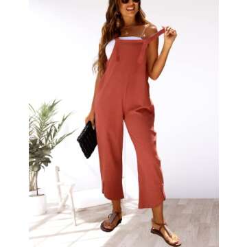 Gozoloma Women's Casual Loose Petal Hem Baggy Cotton Linen Overall Jumpsuit Romper Suits Wide Leg Pants(0101-BrickRed -M)