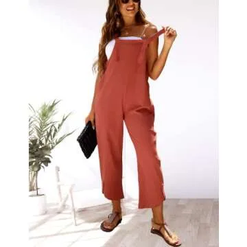 Gozoloma Women's Casual Loose Petal Hem Baggy Cotton Linen Overall Jumpsuit Romper Suits Wide Leg Pants(0101-BrickRed -M)