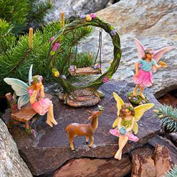 Mood Lab Fairy Garden Kit - Swing Set of 6 pcs Miniature Figurines & Accessories - Hand Painted for Outdoor or House Decor