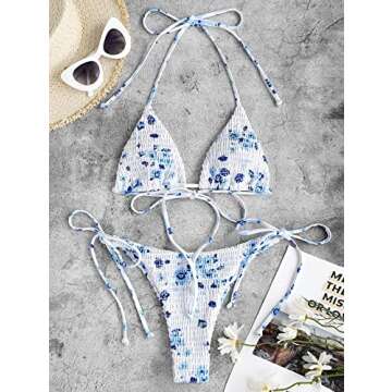 ZAFUL Women Ditsy Print Smocked String Bikini Swimwear
