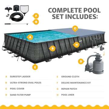 Funsicle Oasis Designer Outdoor Rectangular Frame Above Ground Swimming Pool Set with Accessories and Maintenance Kit, Dark Herringbone Gray