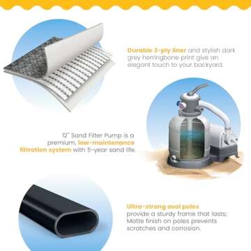 Funsicle Oasis Designer Outdoor Rectangular Frame Above Ground Swimming Pool Set with Accessories and Maintenance Kit, Dark Herringbone Gray